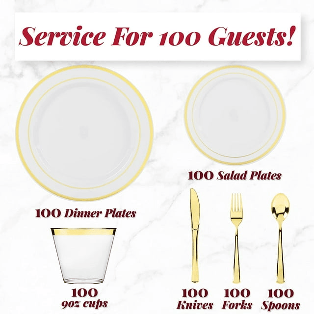 Prestee 600 Piece Gold Dinnerware Party Set (100 Guest), 100 Salad Gold Plates, 100 Gold Plastic Silverware Set, 100 Gold Cups Disposable Party Pack Wedding Birthday Parties