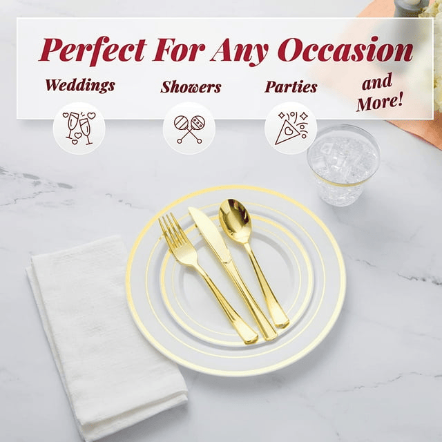 Prestee 600 Piece Gold Dinnerware Party Set (100 Guest), 100 Salad Gold Plates, 100 Gold Plastic Silverware Set, 100 Gold Cups Disposable Party Pack Wedding Birthday Parties