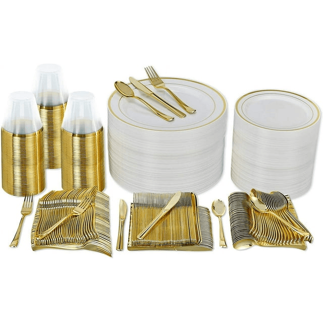 Prestee 600 Piece Gold Dinnerware Party Set (100 Guest), 100 Salad Gold Plates, 100 Gold Plastic Silverware Set, 100 Gold Cups Disposable Party Pack Wedding Birthday Parties