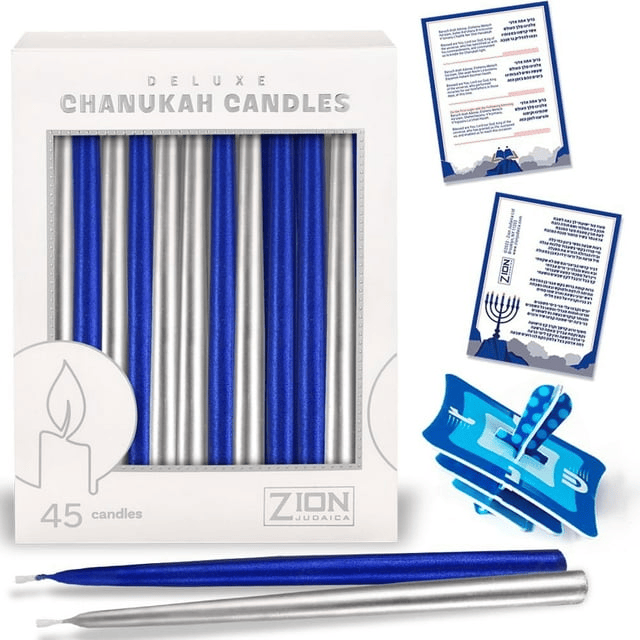 Zion Judaica Deluxe Chanukah Candles Set of 45 Metallic Blue & Silver Hand Dipped Hanukkah Candles with DIY Dreidel & Prayer Card Elegant Menorah Candle Set for Standard Menorahs Decorative Candles