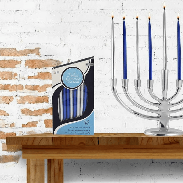 Zion Judaica Deluxe Chanukah Candles Set of 45 Metallic Blue & Silver Hand Dipped Hanukkah Candles with DIY Dreidel & Prayer Card Elegant Menorah Candle Set for Standard Menorahs Decorative Candles