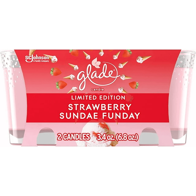 Glade Scented Candle Jar, Strawberry Sundae Funday Scent, Infused with Essential Oils, Spring Limited Edition Fragrance, Positive Vibes Collection, 2 Candles, 3.4 Oz, 96 g each