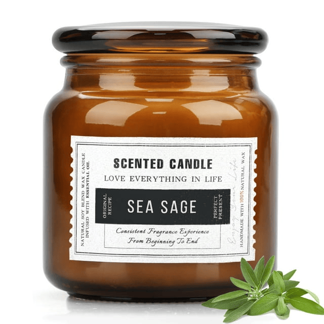 Sea Sage Scented Candles for Home, Soy Wax Amber Glass Jar Decorative Aromatherapy Candle, 15.5oz