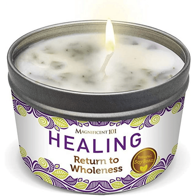 Magnificent 101 Healing 6oz Natural Soy Aromatherapy Wholeness Intention Candle with Sage, Palo Santo, and Lavender