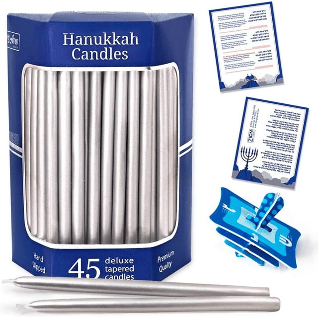 Aviv Judaica Premium Dripless Hanukkah Candles Metallic Silver Hand Dipped Candle Set of 45 Decorative Chanukah Flames Fits Standard Menorahs Product of Turkey DIY Dreidel & Prayer Card Included