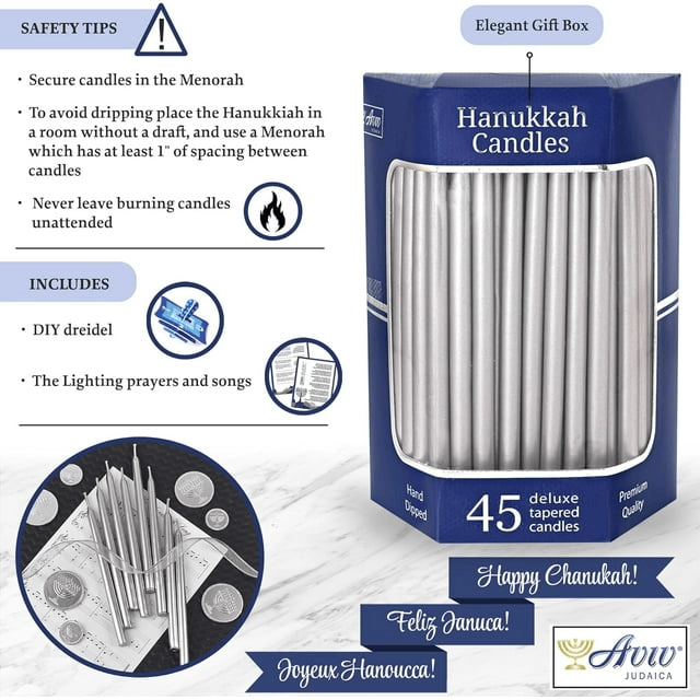 Aviv Judaica Premium Dripless Hanukkah Candles Metallic Silver Hand Dipped Candle Set of 45 Decorative Chanukah Flames Fits Standard Menorahs Product of Turkey DIY Dreidel & Prayer Card Included