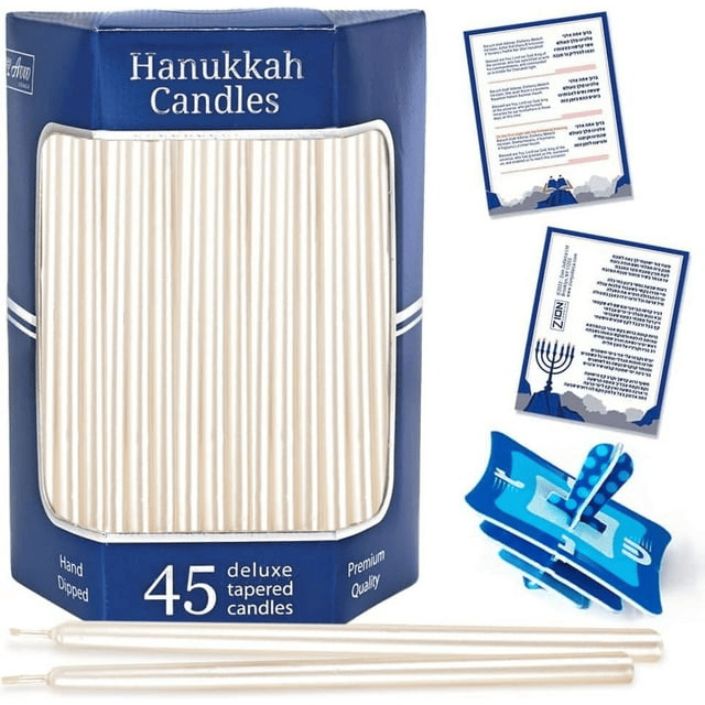 Aviv Judaica Premium Dripless Hanukkah Candles Thin Tapered Deluxe Pearl Candle Set of 45 Ultimate Elegance Standard Chanukah Menorah Candles Product of Turkey Includes DIY Dreidel, Prayer Card