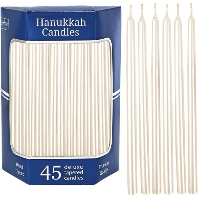 Aviv Judaica Premium Dripless Hanukkah Candles Thin Tapered Deluxe Pearl Candle Set of 45 Ultimate Elegance Standard Chanukah Menorah Candles Product of Turkey Includes DIY Dreidel, Prayer Card