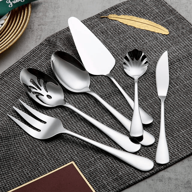 ReaNea Stainless Steel Silver Titanium Plated Flatware Serving Set 6 Pieces Silver Serving Silverware Set