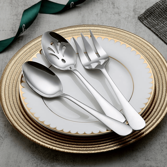 ReaNea Stainless Steel Silver Titanium Plated Flatware Serving Set 6 Pieces Silver Serving Silverware Set