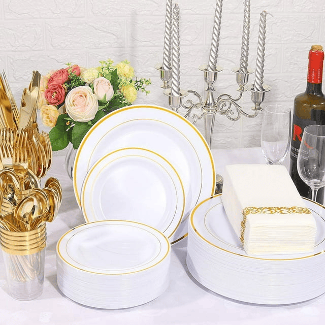 WDF Gold Plastic Plates with Gold Disposable Cutlery&Gold Plastic Cups- Napkins Sets 50Guest