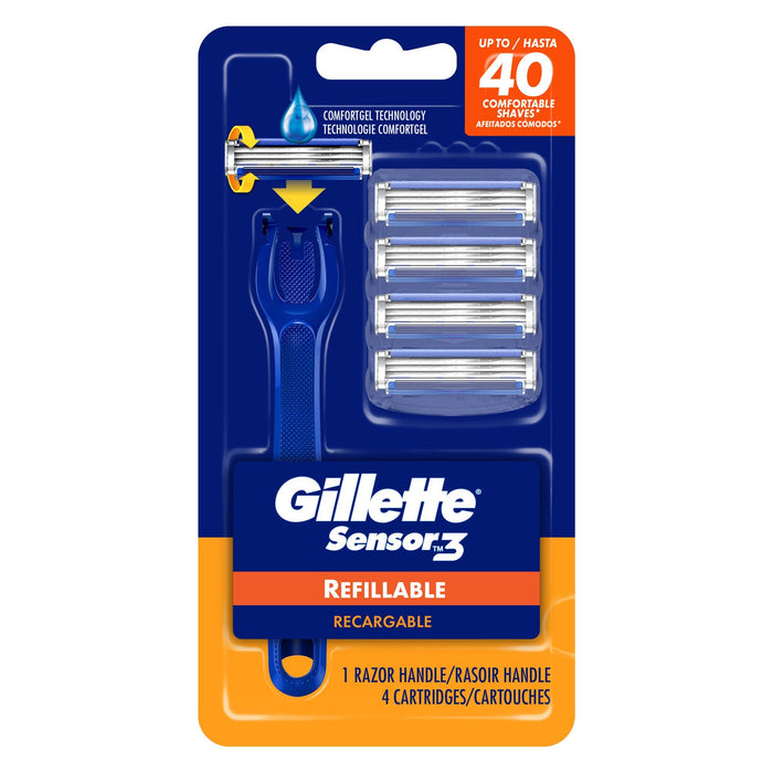 Gillette Sensor3 Refillable Razor for Men; 1 Razor Handle; 4 Razor Blade Refills