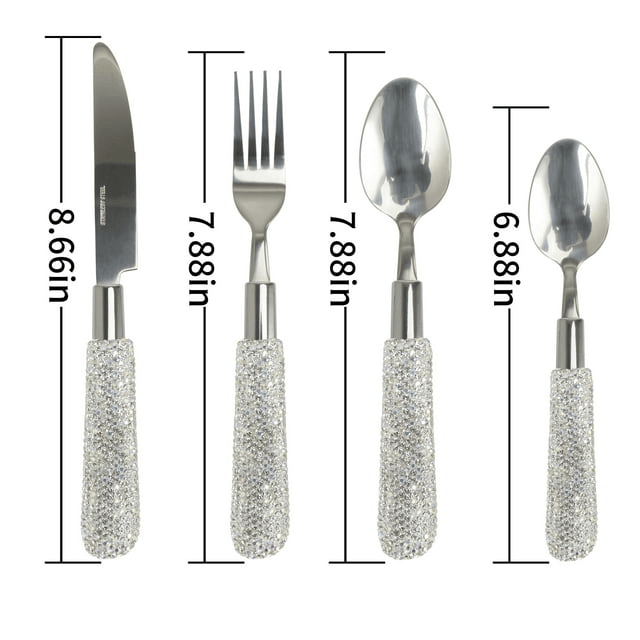 Bling Rhinestones Spoon Big and Small,Fork Set Stainless Steel 4 Pieces Flatware Cutlery Set Tableware Eating Utensil (White)