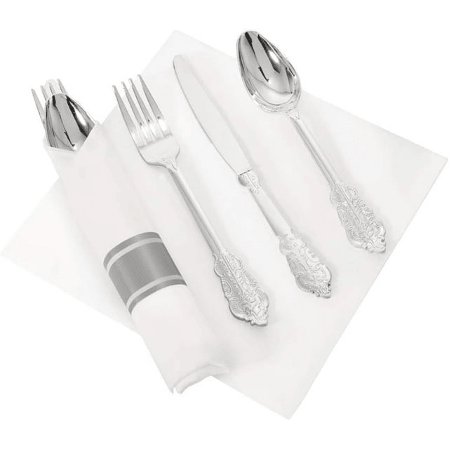 WDF Silver Plastic Silverware with Pre Rolled Napkins-90PCS Silver Disposable Cutlery