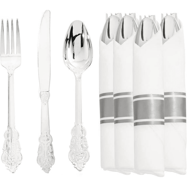 WDF Silver Plastic Silverware with Pre Rolled Napkins-90PCS Silver Disposable Cutlery