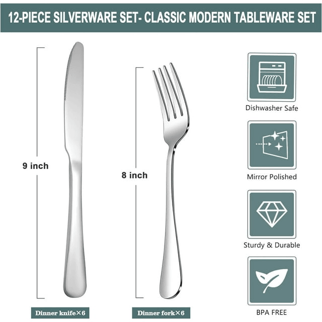 12 Pcs Silverware Set with 6 Dinner Knives and 6 Dinner Forks, Boriyuan Silver Stainless Steel Flatware Set, Tableware Cutlery Set for Home Kitchen Restaurant Hotel