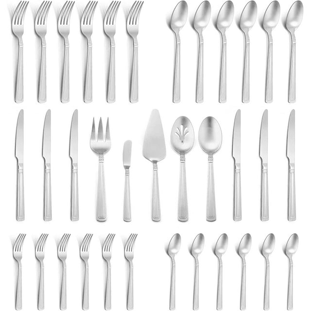 Walchoice 35 Pieces Silverware Set with Serving Set, Stainless Steel Flatware Cutlery Set for 6, Metal Eating Utensils for Home Banquet Buffet, Matte Finished