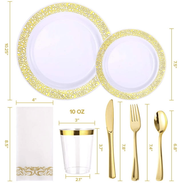 FOCUSLINE 350 Piece Gold Plastic Plates, Disposable Heavy Duty Plastic Plate Set