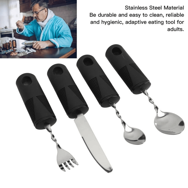 Arthritic Hands Adaptive Utensil, Ergonomic Design Black Handle Weighted Silverware For Home Hospital For Parkinsons Patients