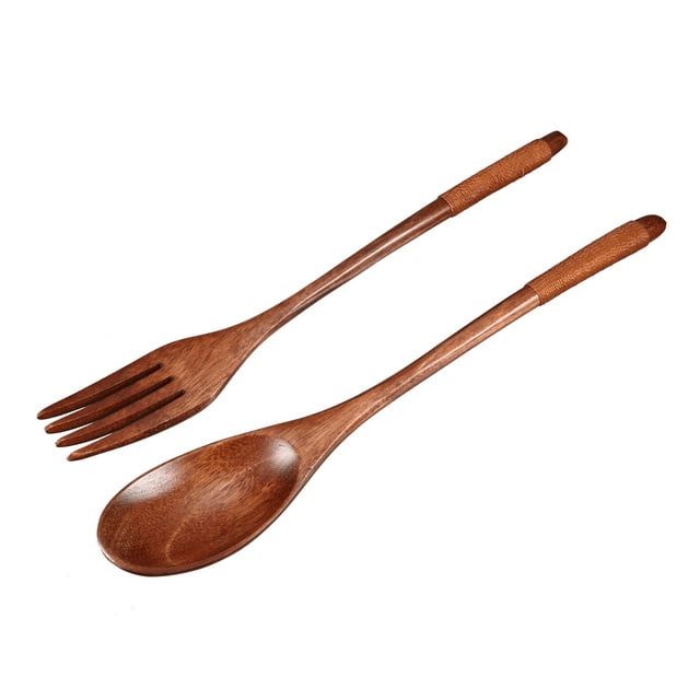 Uxcell Kitchenware Cutlery Non-slip Handle Spoon Fork Set Wood Brown 2 in 1