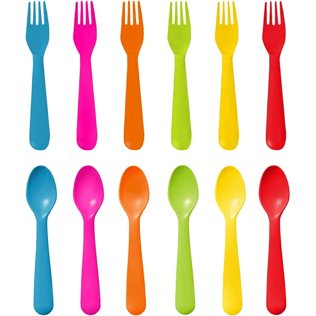 Toddler Utensils Set by PLASKIDY Kids Utensils 6 Forks and 6 Spoons - BPA FREE / Dishwasher Safe Toddlers Silverware Set Brightly Colored Children's Safe Flatware Cutlery Set