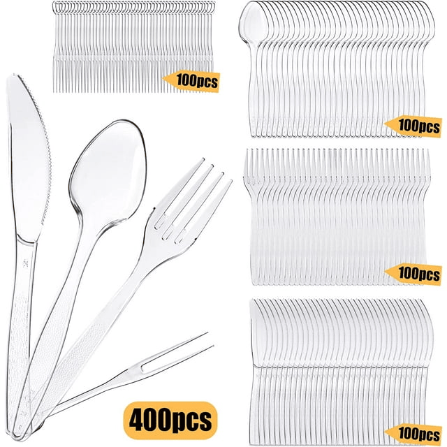 STONCEL 400PCS Clear Plastic Cutlery Set, Durable Reusable Plastic Cutlery Set Includes 100 Forks 100 Spoons 100 Knives 100 Fruit Forks for Tableware, Parties, Camping and Dinnerware