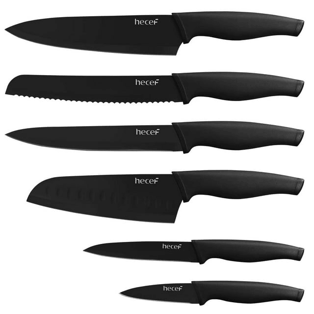 Hecef 6 Pcs Knife Set Black Oxide Japanese Chef Santoku Cooking Knife with Covers for Kitchen