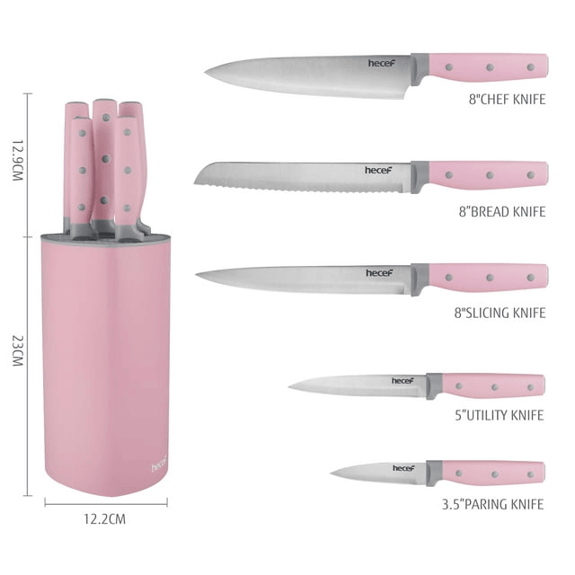 Hecef Kitchen Knife Block Set with Universal Knife Block Holder, High Carbon Stainless Steel Pink Chef Knife Set