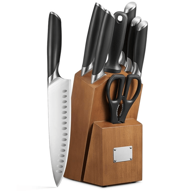 Knife Set, 8-Piece Premium Knife Block Set with High Carbon German Steel, 5 Knives, Sharpening Steel, Multi-Purpose Scissors, Block of Wood, Ergonomic ABS Handle