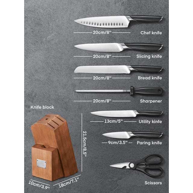 Knife Set, 8-Piece Premium Knife Block Set with High Carbon German Steel, 5 Knives, Sharpening Steel, Multi-Purpose Scissors, Block of Wood, Ergonomic ABS Handle