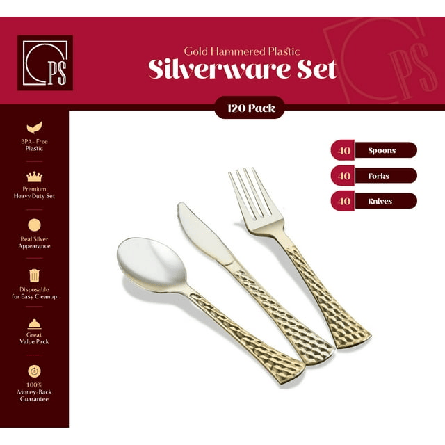 Gold Plastic Silverware Set - 120 Piece Gold Plastic Cutlery Set - Elegant Disposable Gold Utensils - 40 Gold Forks, 40 Soup Spoons and 40 Knives - For Thanksgiving,Weddings, Parties, and Catering