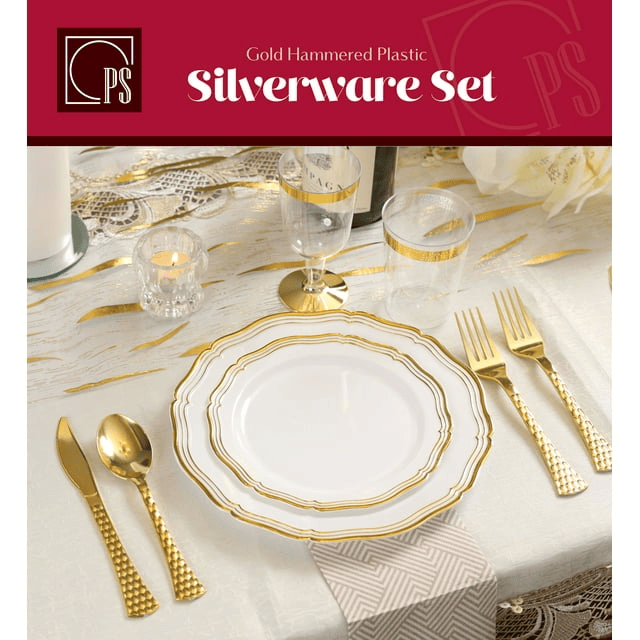 Gold Plastic Silverware Set - 120 Piece Gold Plastic Cutlery Set - Elegant Disposable Gold Utensils - 40 Gold Forks, 40 Soup Spoons and 40 Knives - For Thanksgiving,Weddings, Parties, and Catering