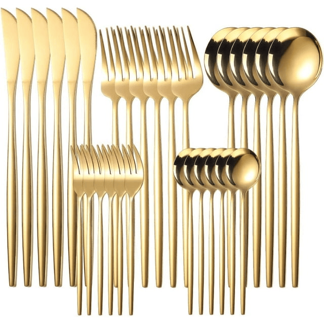 Biutsiun Silverware Sets, 30 Pieces Stainless Steel Flatware Set, Utensils Set Service for 6, Tableware Cutlery Set for Home and Restaurant, Knives Forks Spoons, Mirror Polished, Gold