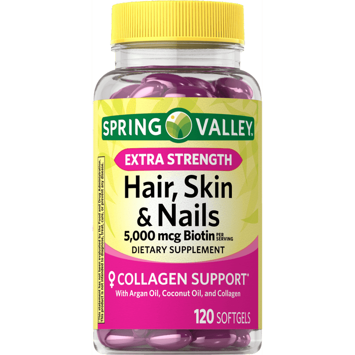 Spring Valley Hair; Skin & Nails Dietary Supplement Gel Capsules; 5; 000 Mcg; 120 Count