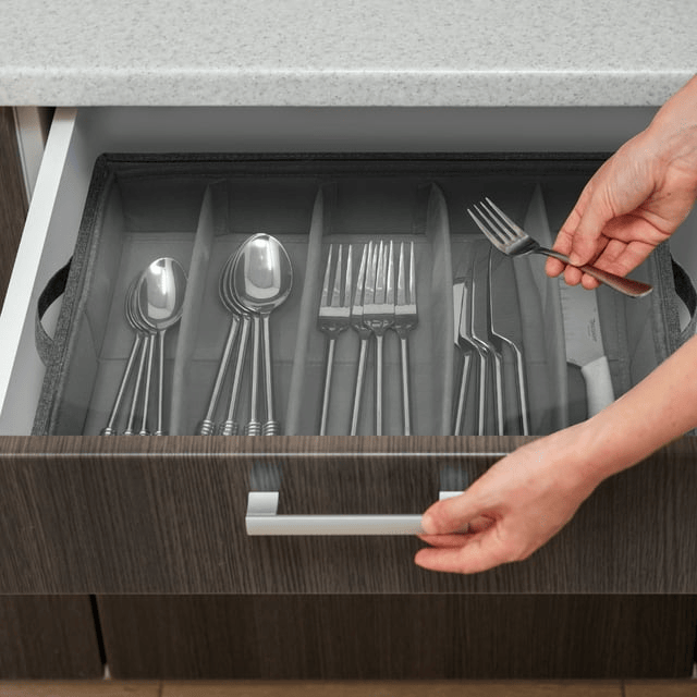 Sorbus Flatware Storage Case with Clear Lid, Great Fabric Container Box Chest for Organizing Utensils, Silverware, Flatware, Large Capacity, Gray