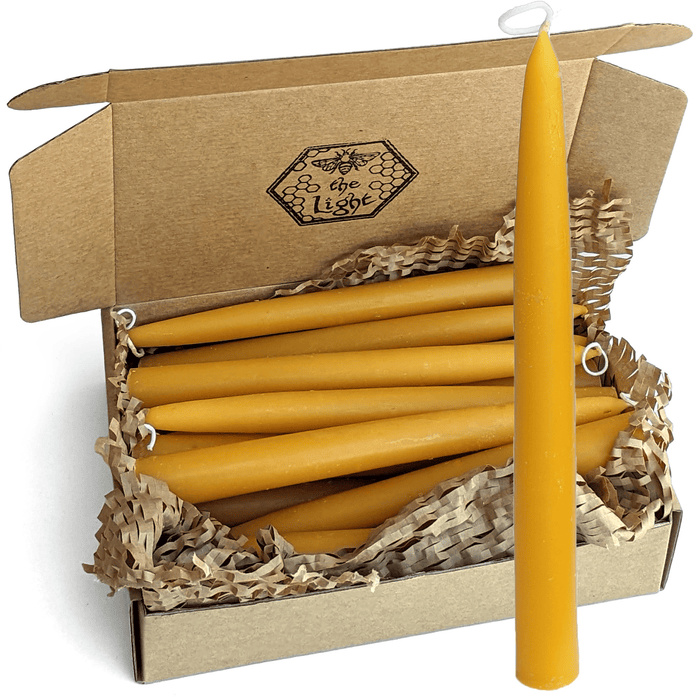 100% Pure Beeswax Taper Candles with Dipped Look - 12 Hours Each, 12 Pack, 144 Hours - USA Bees Wax - Handmade - Unscented - All Natural Light Honey Scent