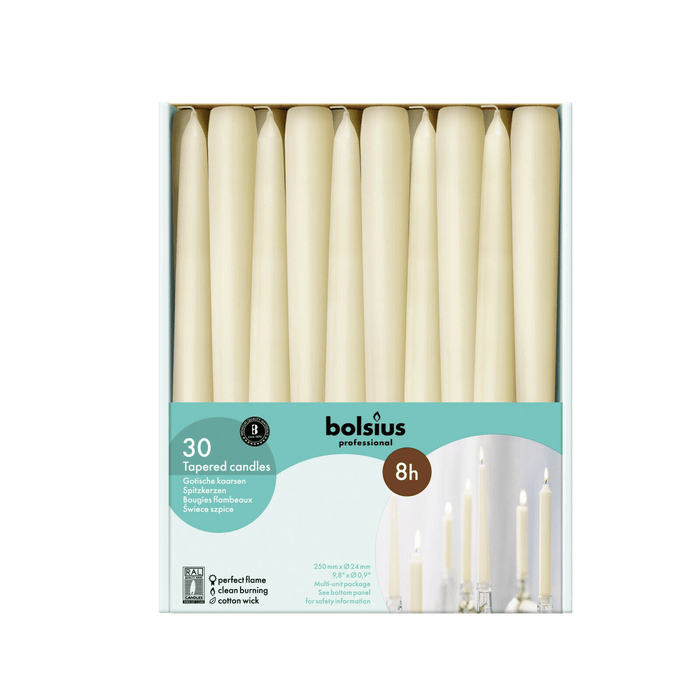 Bolsius Ivory Taper Unscented Candles Long 10 inch | 30 Pack with 8 Hours Dripless