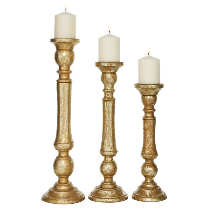 DecMode 3 Candle Gold Mango Wood Candle Holder, Set of 3