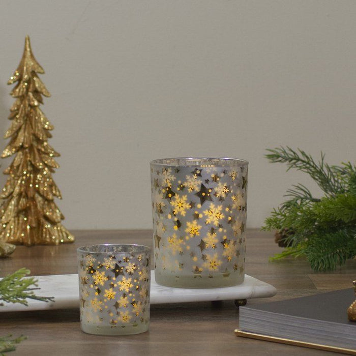 3" Matte Silver and Gold Stars and Snowflakes Flameless Glass Candle Holder