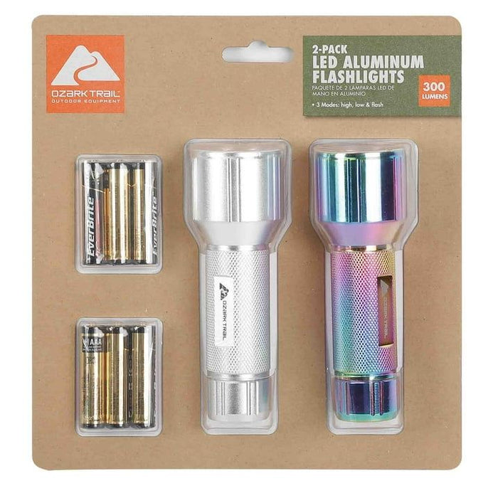 Ozark Trail LED 300 Lumens Handheld Aluminum Flashlights, with 6 AAA Batteries, 2 Pack, Silver and Iridescent