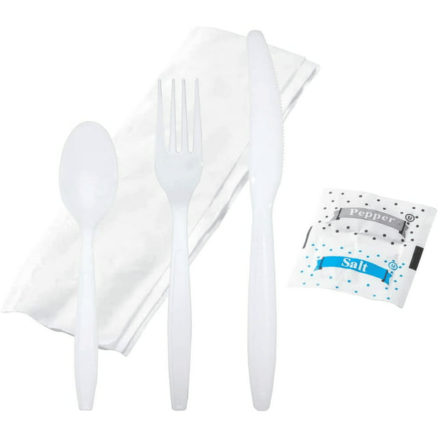 HEAVY DUTY BULK Individually Wrapped Heavy Weight White Plastic Cutlery (Forks Spoons Knife Napkin Pepper Salt)