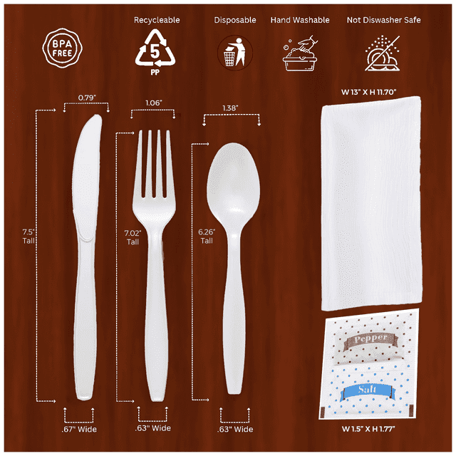 HEAVY DUTY BULK Individually Wrapped Heavy Weight White Plastic Cutlery (Forks Spoons Knife Napkin Pepper Salt)