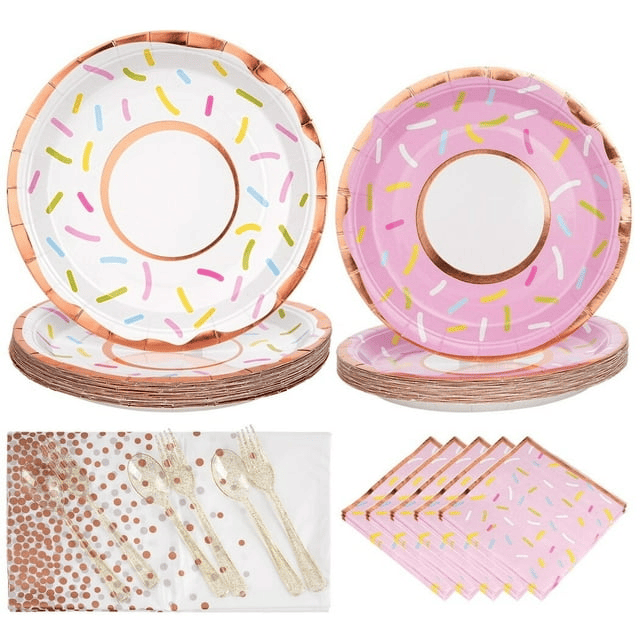 Pink Party Plates, 126Pcs Donut Paper Tableware Set Include Plates Napkins Cutleries Tablecloth- Party Decorative Supplies for Birthday Wedding Valentines, 7 inch and 9inch