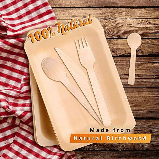 Disposable Wooden Cutlery Utensils Set ¨C (Pack of 60) 12 10.5-inch Plates 12 Forks 12 Knives 12 Spoons 12 Small Spoons Eco-Friendly Silverware Compostable Flatware Biodegradable