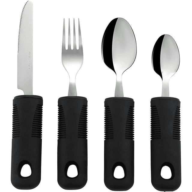 VirgilSon Extra Wide Handles Easy Grip Cutlery Set, Chunky Handles, Corfort Grips Disability Ideal Dining aid for Elderly Disabled Arthritis Parkinson's Disease Tremors Sufferers (4PCS Black)