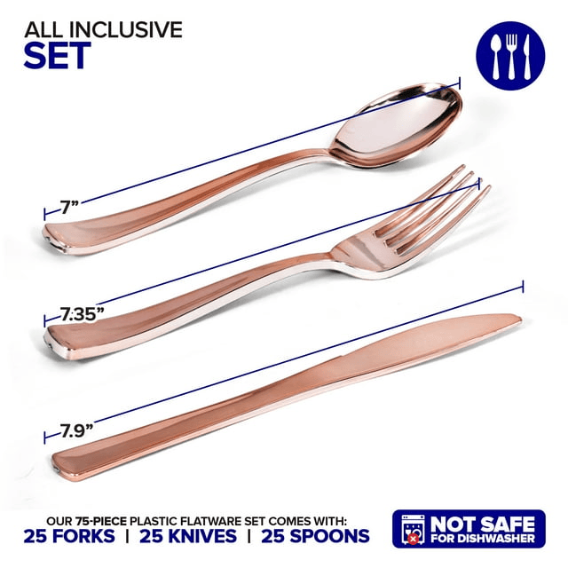 75 Pieces Heavy Duty (Rose Gold) Plastic Silverware Set, Disposable Cutlery Set, Great for Parties, Weddings, and Catering, Flatware Utensils Included: 25 Forks, 25 Spoons, 25 Knives, Stock Your Home