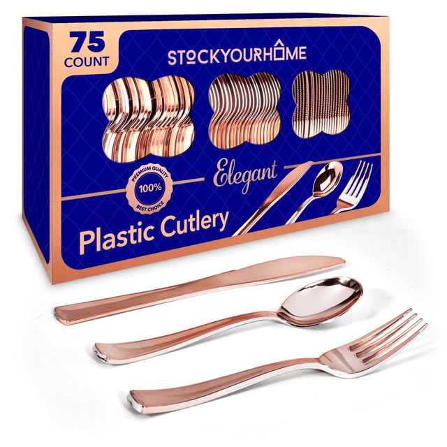 75 Pieces Heavy Duty (Rose Gold) Plastic Silverware Set, Disposable Cutlery Set, Great for Parties, Weddings, and Catering, Flatware Utensils Included: 25 Forks, 25 Spoons, 25 Knives, Stock Your Home