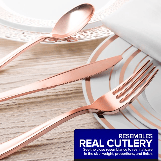 75 Pieces Heavy Duty (Rose Gold) Plastic Silverware Set, Disposable Cutlery Set, Great for Parties, Weddings, and Catering, Flatware Utensils Included: 25 Forks, 25 Spoons, 25 Knives, Stock Your Home