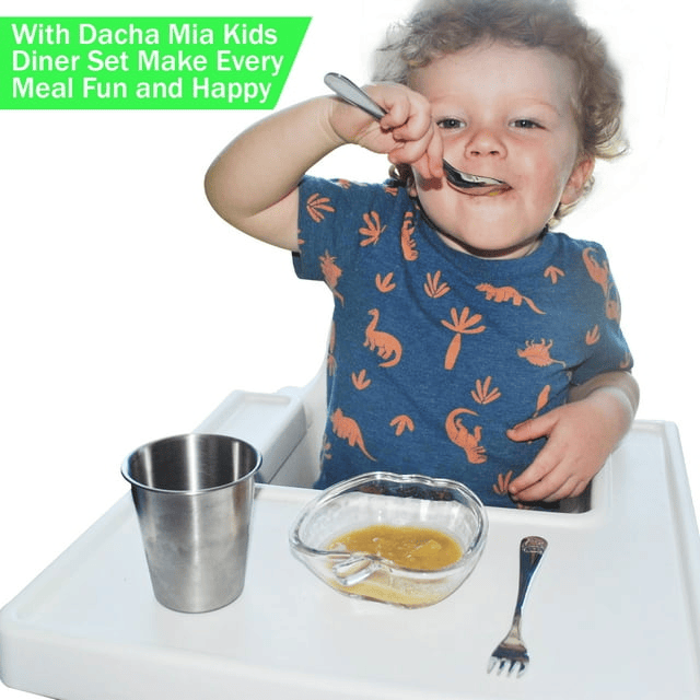 Dacha Mia - Stainless Steel Kids Utensils - Eco Friendly Toddler Flatware - 10 oz Cup for Kids with 1 PC spoon & 1 PC Fork - BPA Free - Reusable - lunch box Accessories