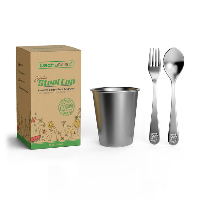 Dacha Mia - Stainless Steel Kids Utensils - Eco Friendly Toddler Flatware - 10 oz Cup for Kids with 1 PC spoon & 1 PC Fork - BPA Free - Reusable - lunch box Accessories